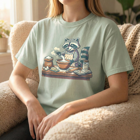 Model wearing cozy light green raccoon baking shirt sitting in a sunlit room, relaxed fit.