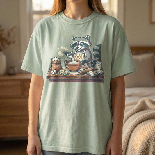 Front view of cute Baker Raccoon shirt on Light Green Comfort Colors tee, vintage risograph style.
