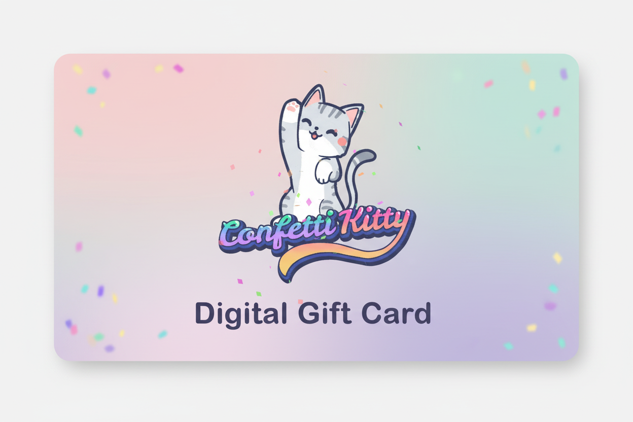 Digital gift card with a cat illustration and 'Confetti Kitty' branding on a pastel gradient background.