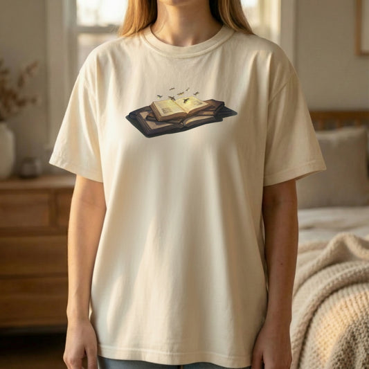Firefly Book tee worn standing on ivory shirt with glowing open book illustration