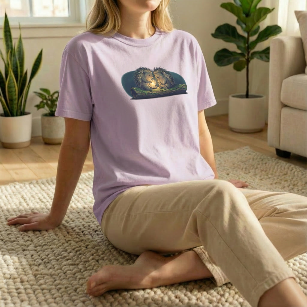 Firefly Hedgehogs tee worn in relaxed floor pose on orchid shirt with cozy glowing firefly scene