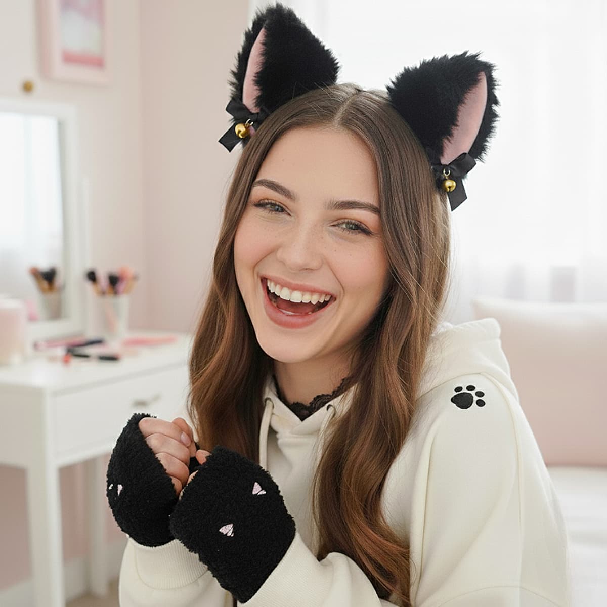 Model wearing black fluffy cat ears headband with bow and bell accessory