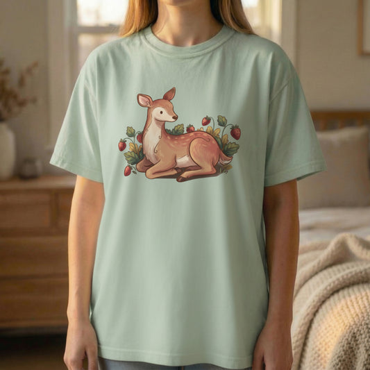 Garden deer t-shirt standing model view in light green