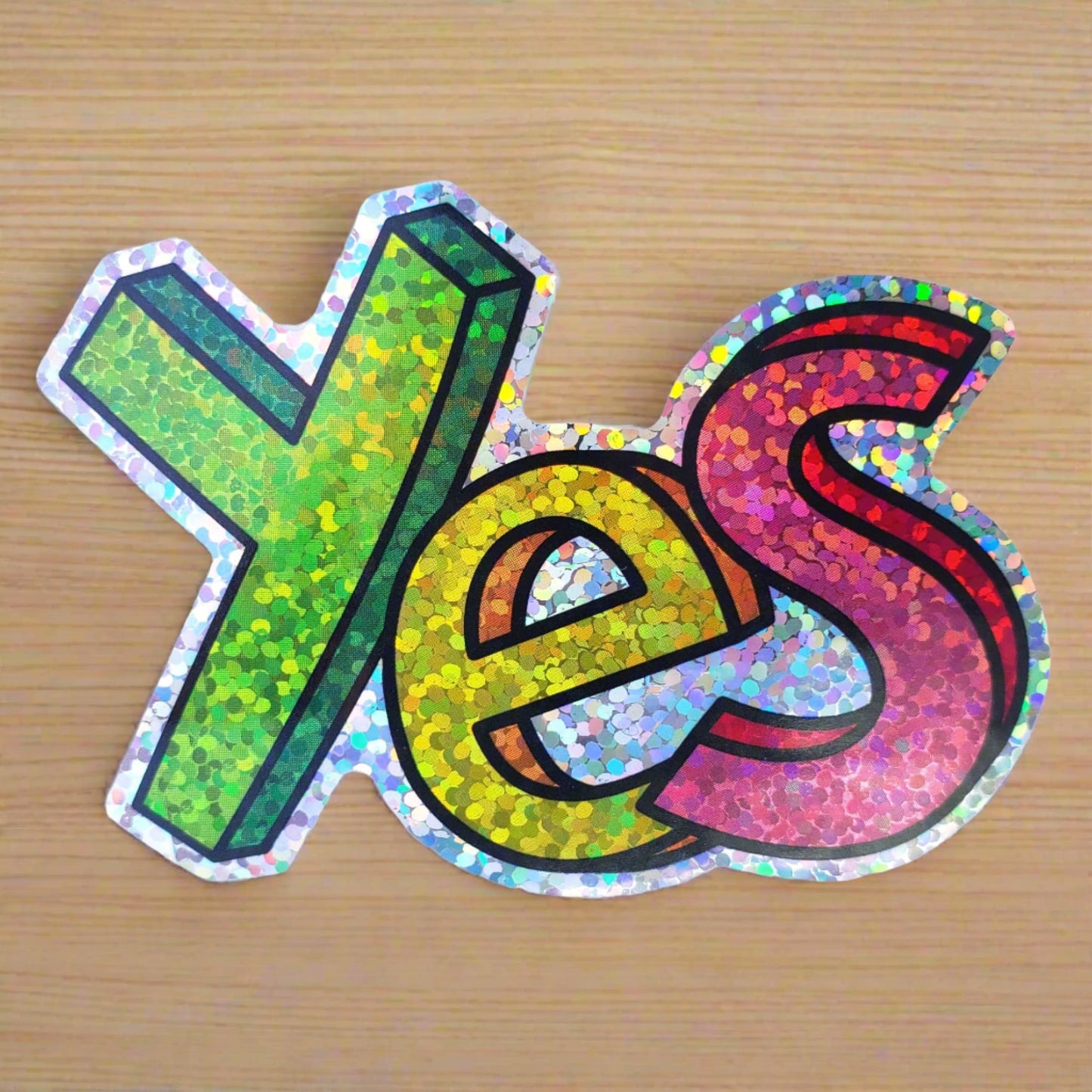 Holographic Rainbow ’Yes’ Sticker - Colorful, glittery adhesive with stylized lettering