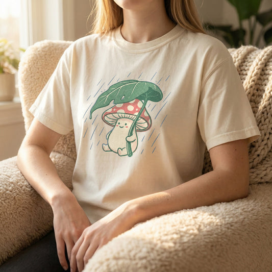 Woman sitting in a fuzzy armchair wearing an ivory t-shirt with the cute mushroom and leaf umbrella rainy day design.