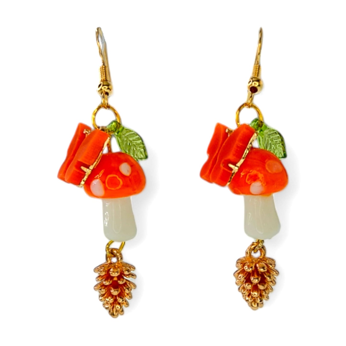 Woodland Dreams Dangle Earrings with whimsical mushrooms, leaves, and pinecones