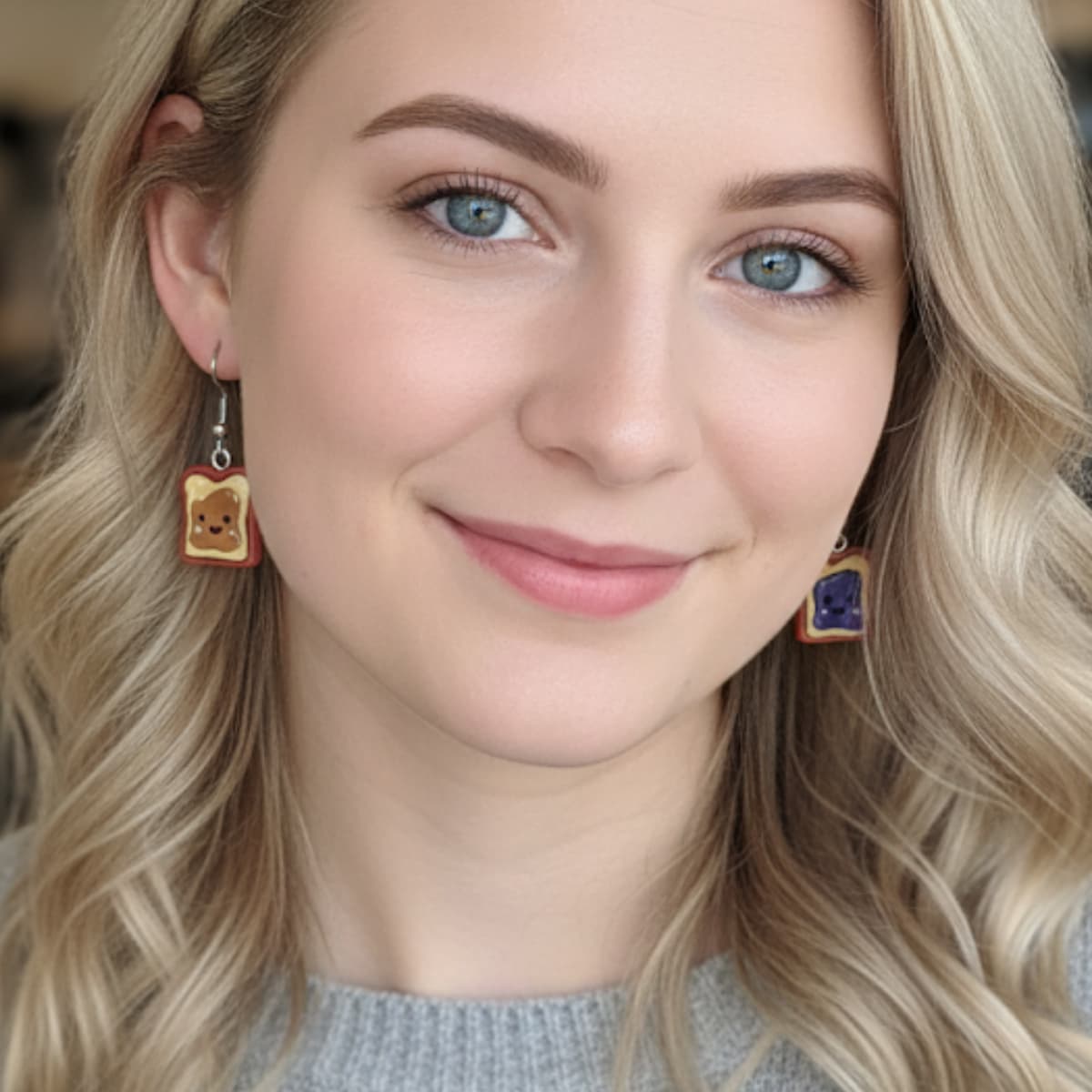 Model wearing peanut butter and jelly slice dangle earrings, cute foodie jewelry