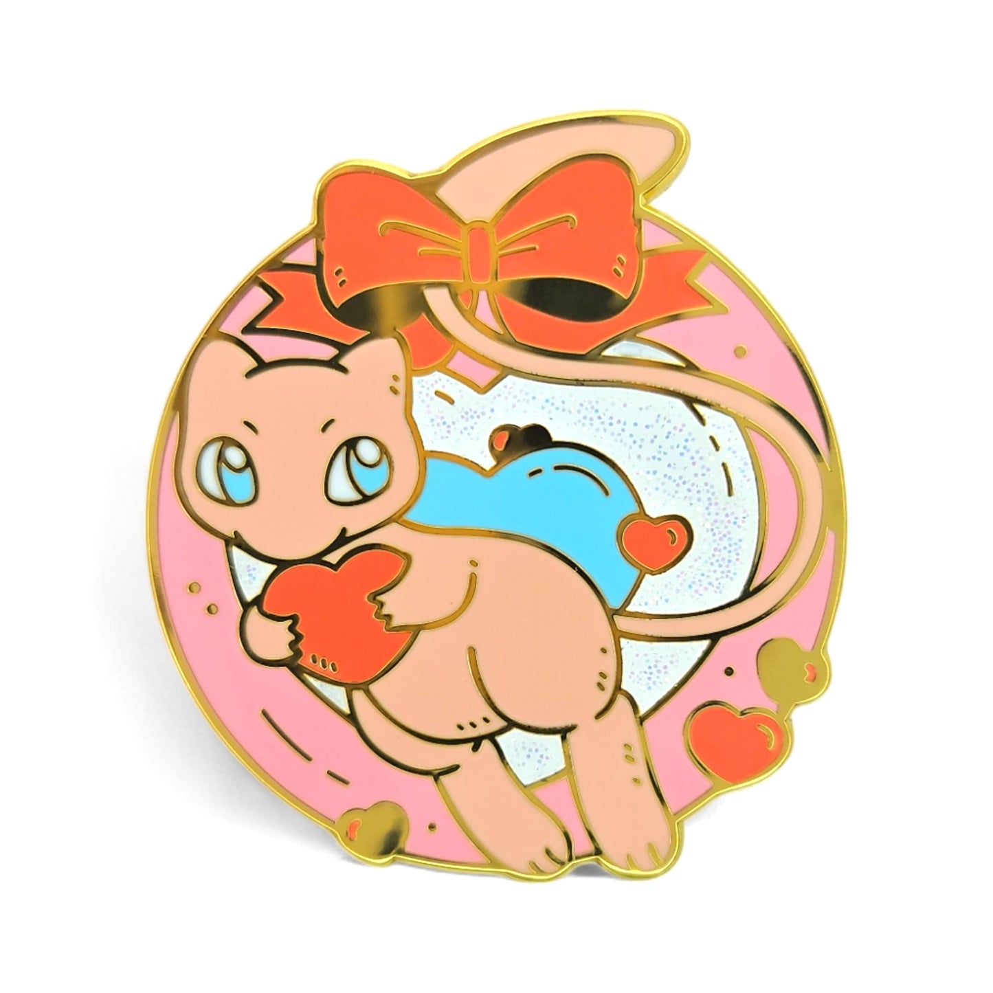 Cute cartoon Mew Pokémon hard enamel pin with hearts and a bow - Pokémon Mew Heart Hard Enamel Pin