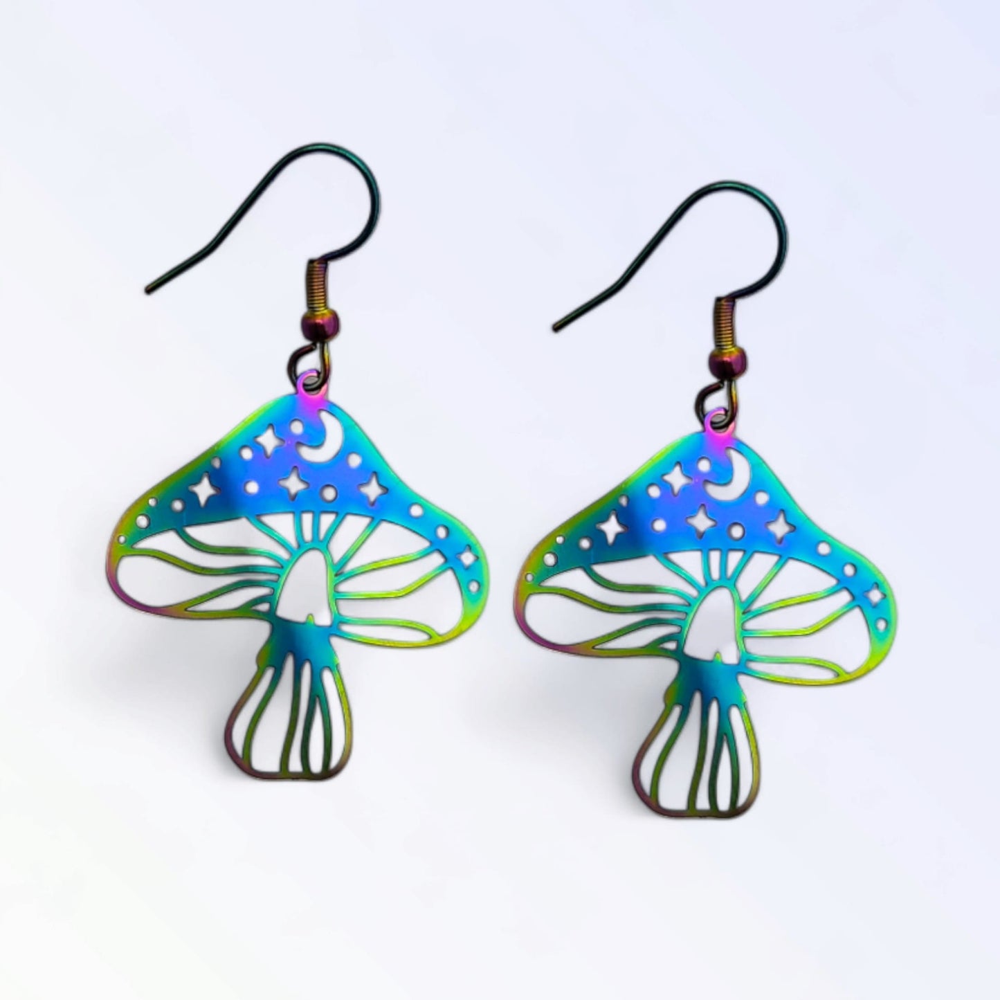 Rainbow Ionized Stainless Steel Mushroom Earrings with celestial designs in vibrant colors