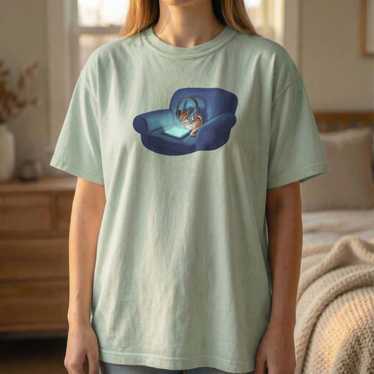 Screen Time Chipmunk graphic tee shown worn standing, featuring cozy chipmunk relaxing with tablet