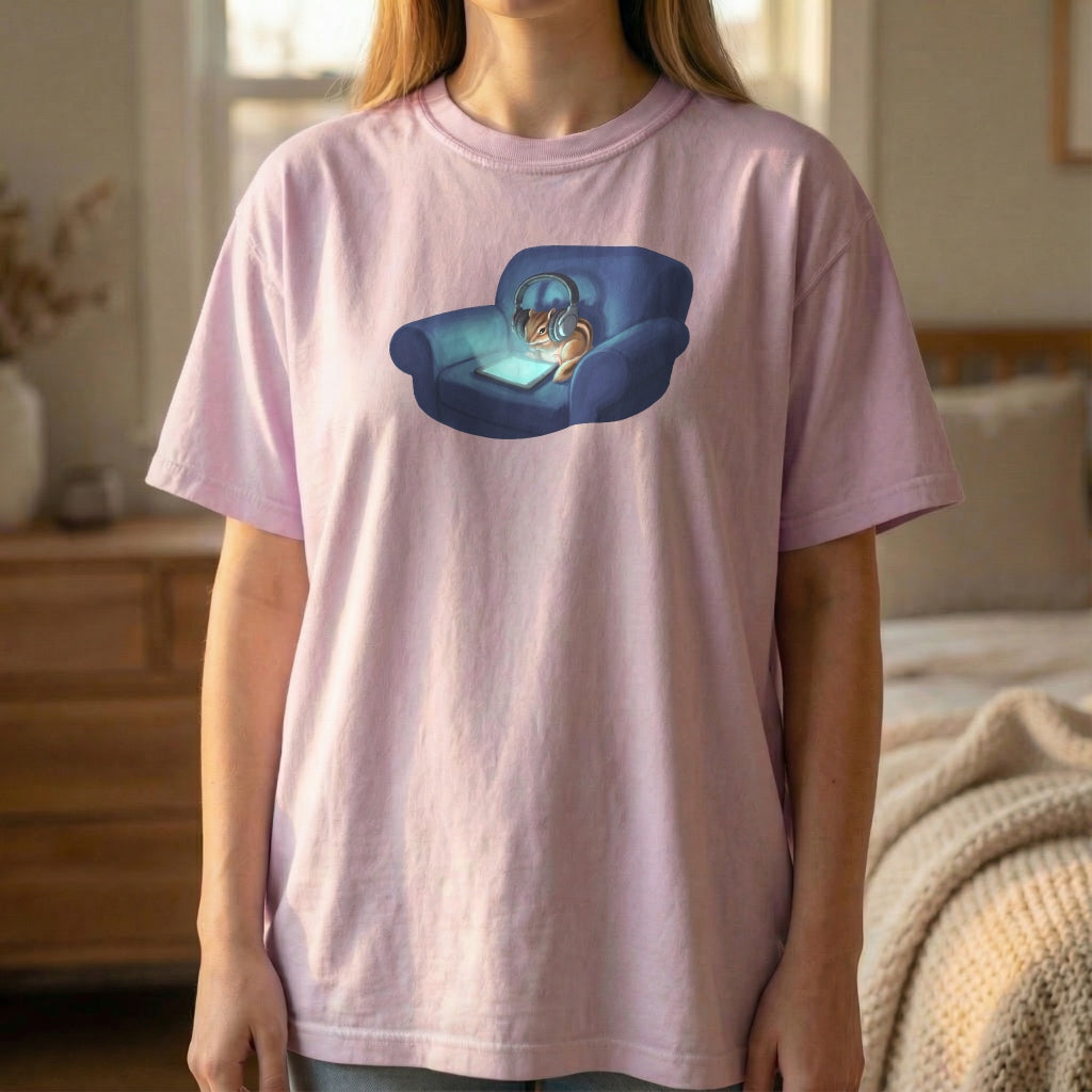 Screen Time Chipmunk graphic tee worn standing on orchid shirt with cozy nighttime illustration