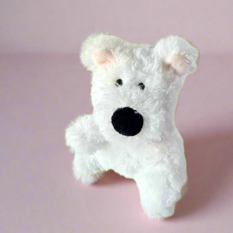White plush puppy keychain with pink sparkly collar, front view