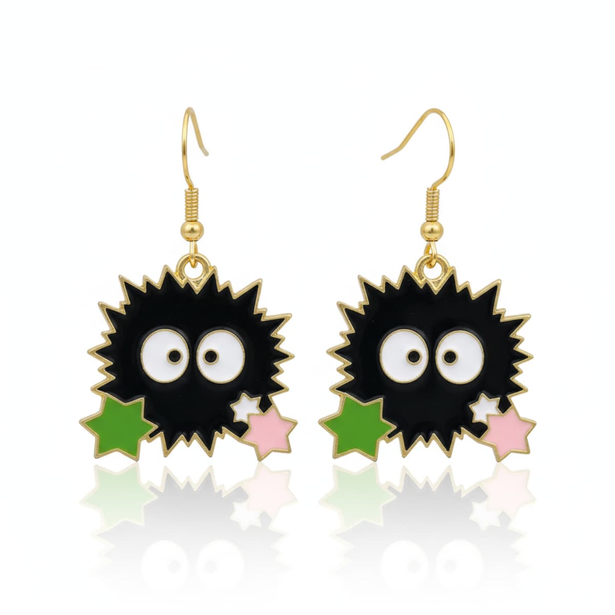 air of black sprite star dangle earrings with green and pink candies, gold hooks, on white background