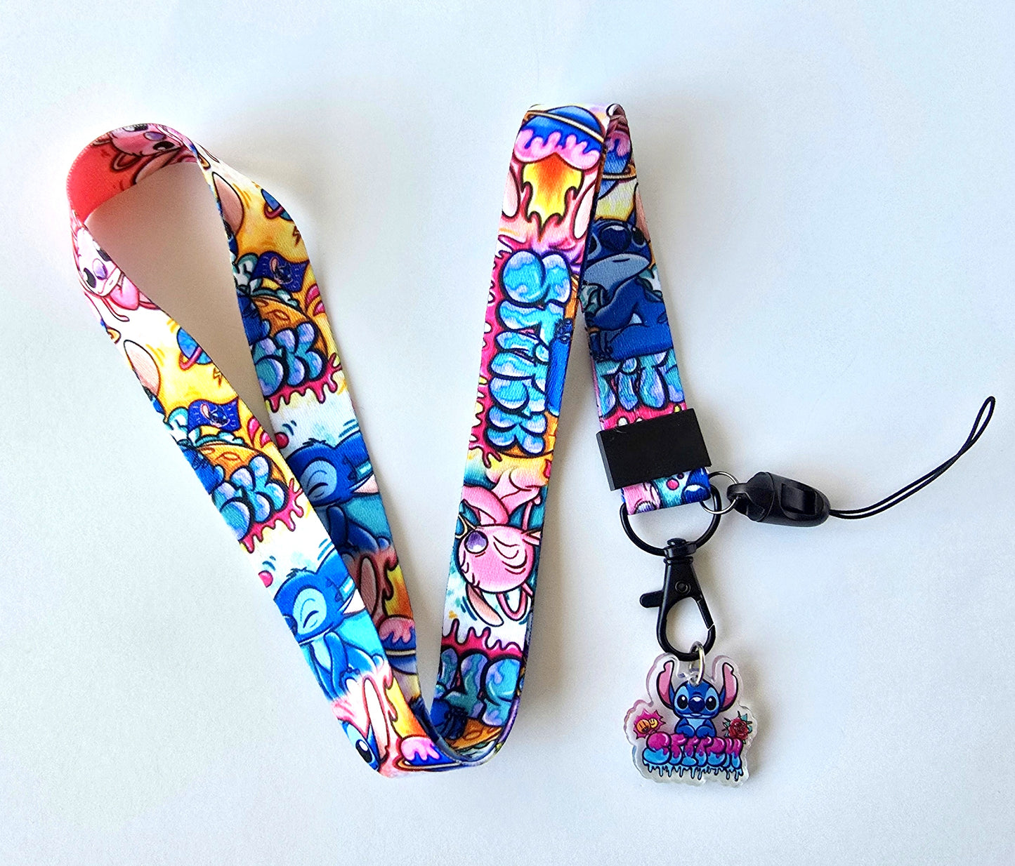 Close-up of Stitch lanyard charm and attachment hardware