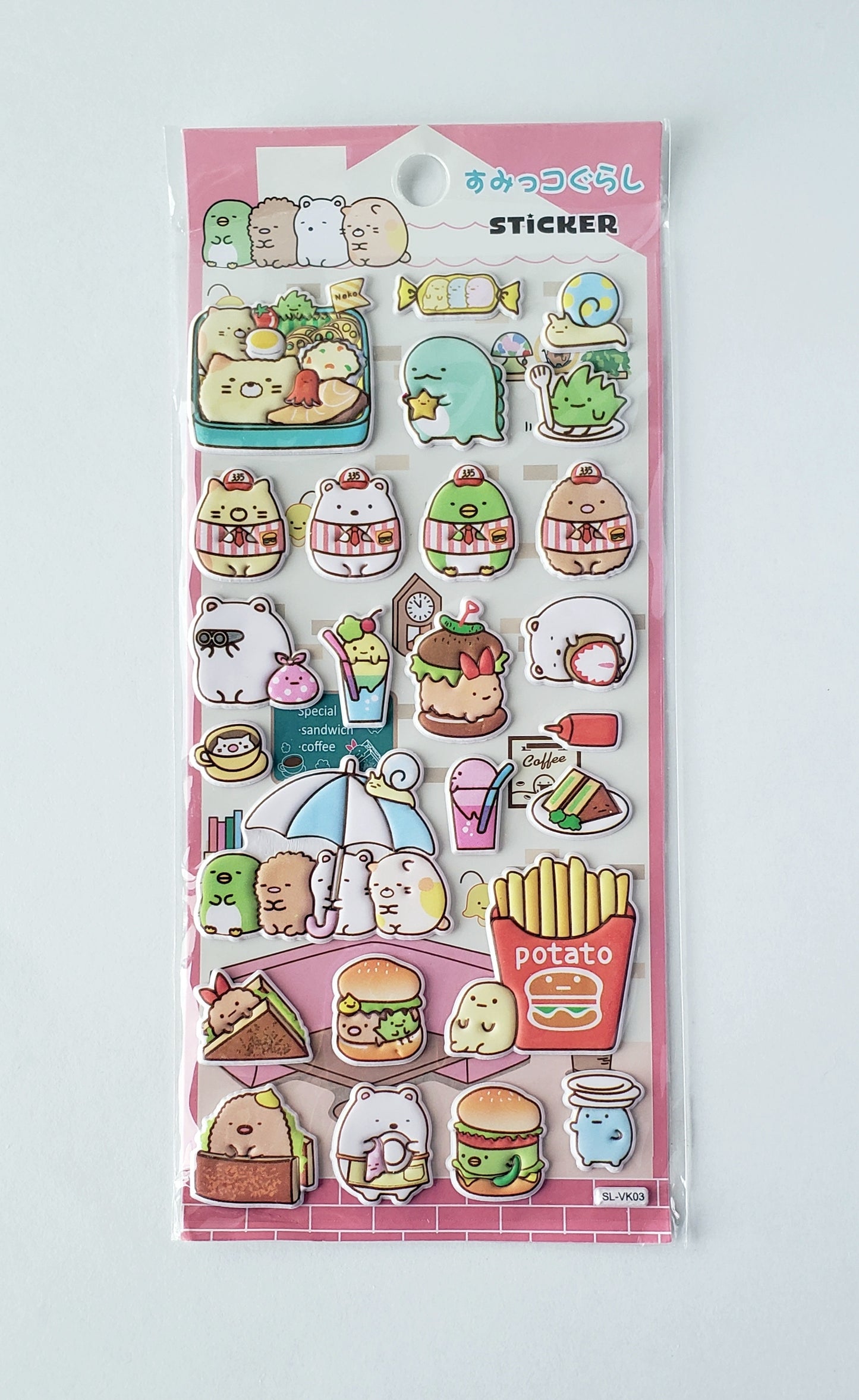 puffy Sumikko Gurashi café-themed sticker sheet on white background showing foam-backed character decals