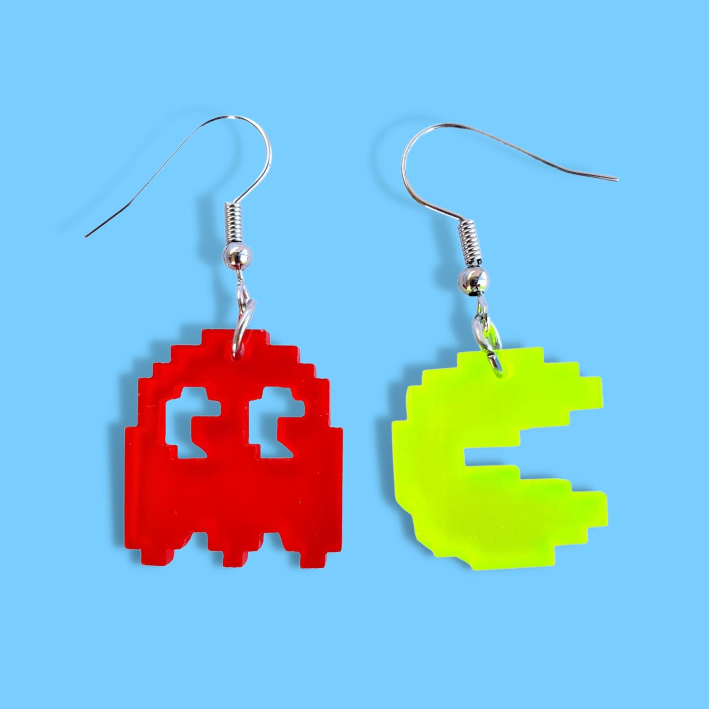 Retro Pac-Man & Ghost acrylic earring set: fun pixel-style jewelry featuring classic characters