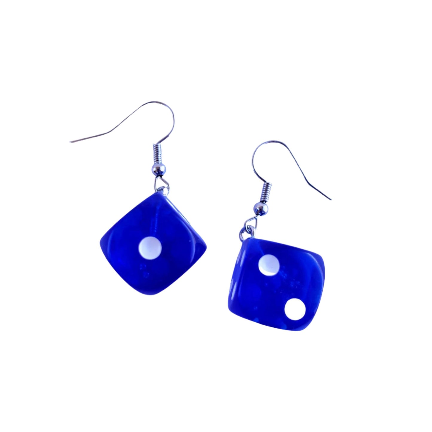 Blue Dice Dangle Earrings - Unique blue dice-shaped earrings with white dots for a fun style