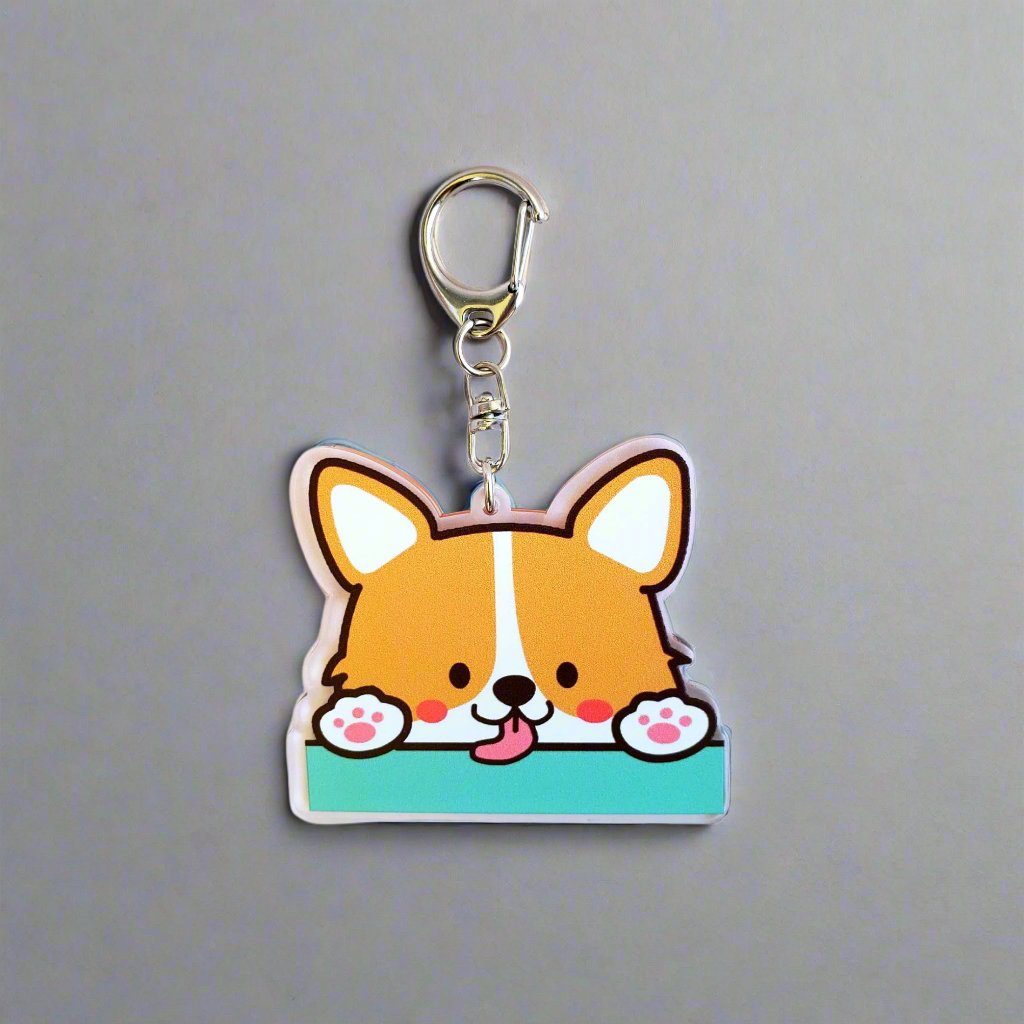 Cute Cartoon Corgi Dog Acrylic Keychain Bag Charm with Adorable Facial Expression and Paw Details