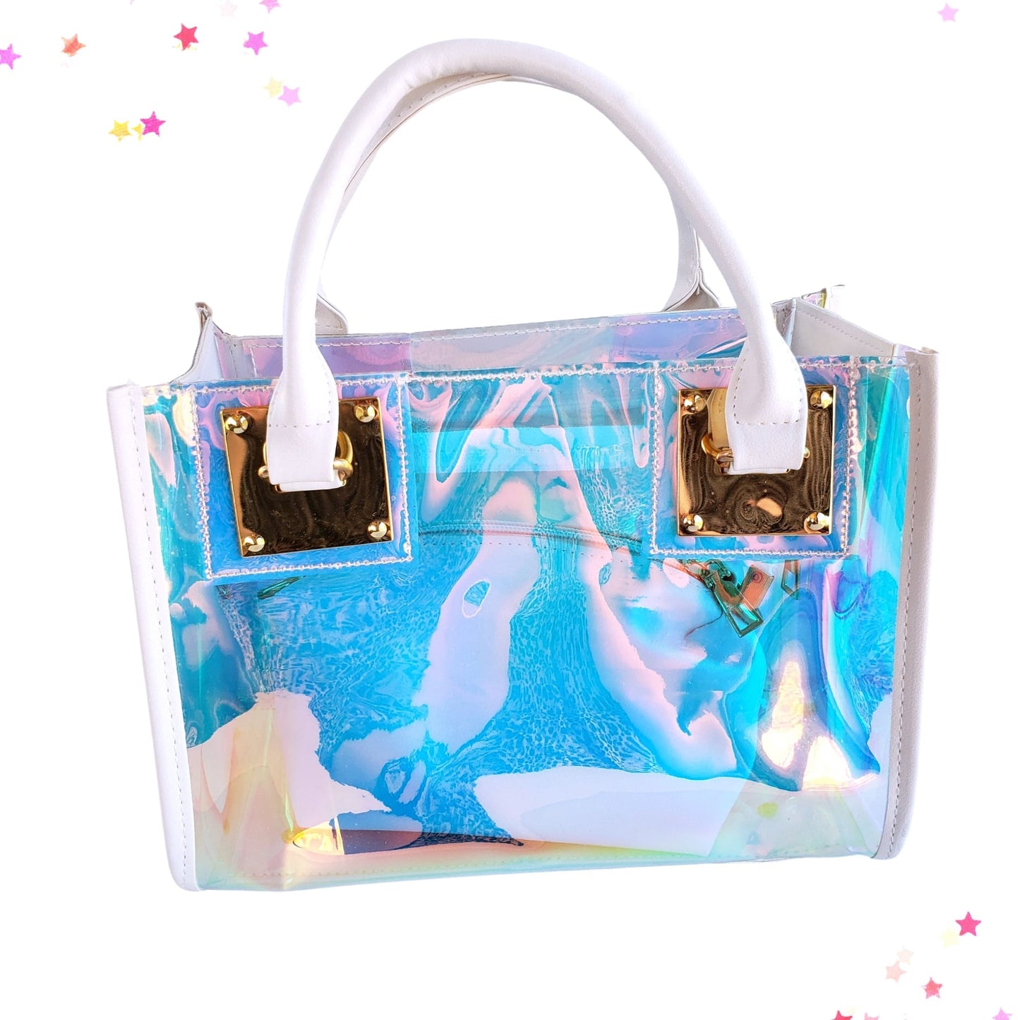 Iridescent transparent shoulder bag with gold trim and white handles