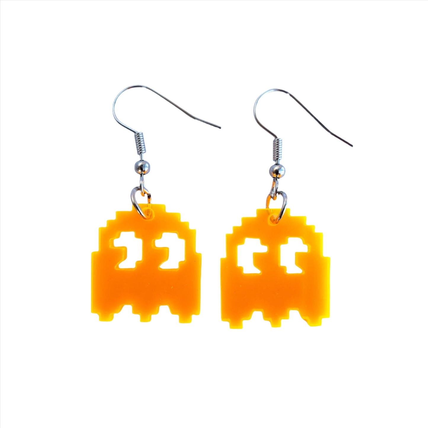 Yellow pixel ghost acrylic earring set inspired by Pac-Man, fun retro jewelry