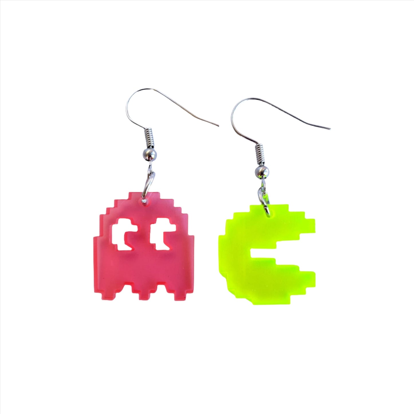 Retro Pac-Man & Ghost Acrylic Earring Set - Pink Ghost & Green Pac-Man. Fun Pixel Jewelry