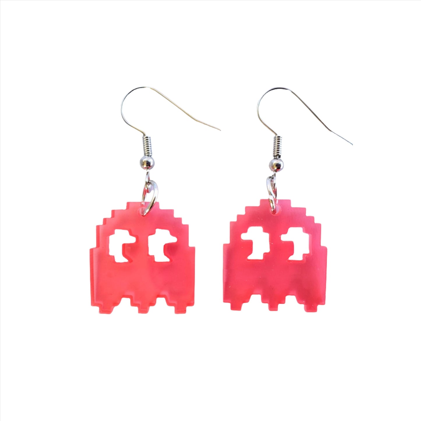 Pair of pink pixelated ghost acrylic earrings inspired by retro video games