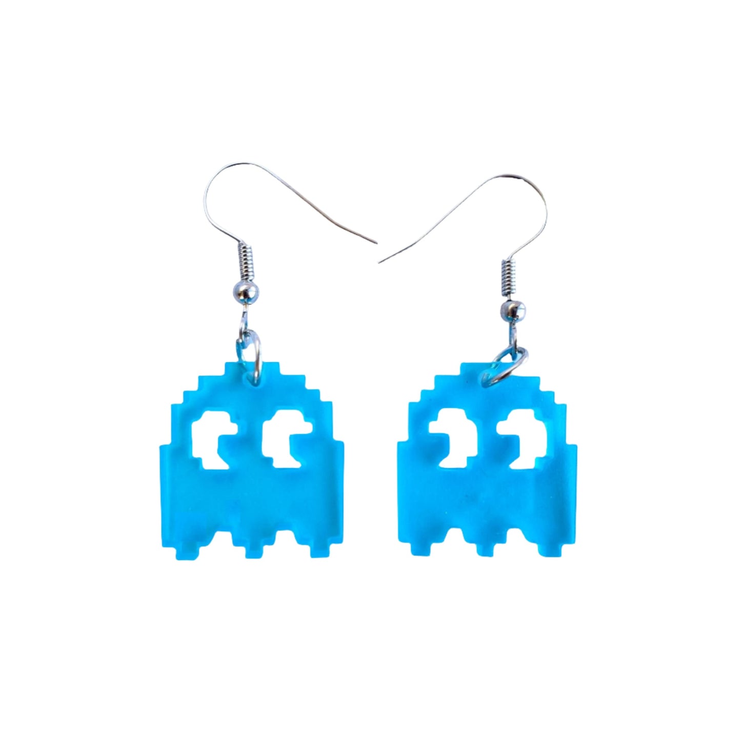 Retro Pac-Man ghost acrylic earring set in bright blue, fun and pixel-style jewelry