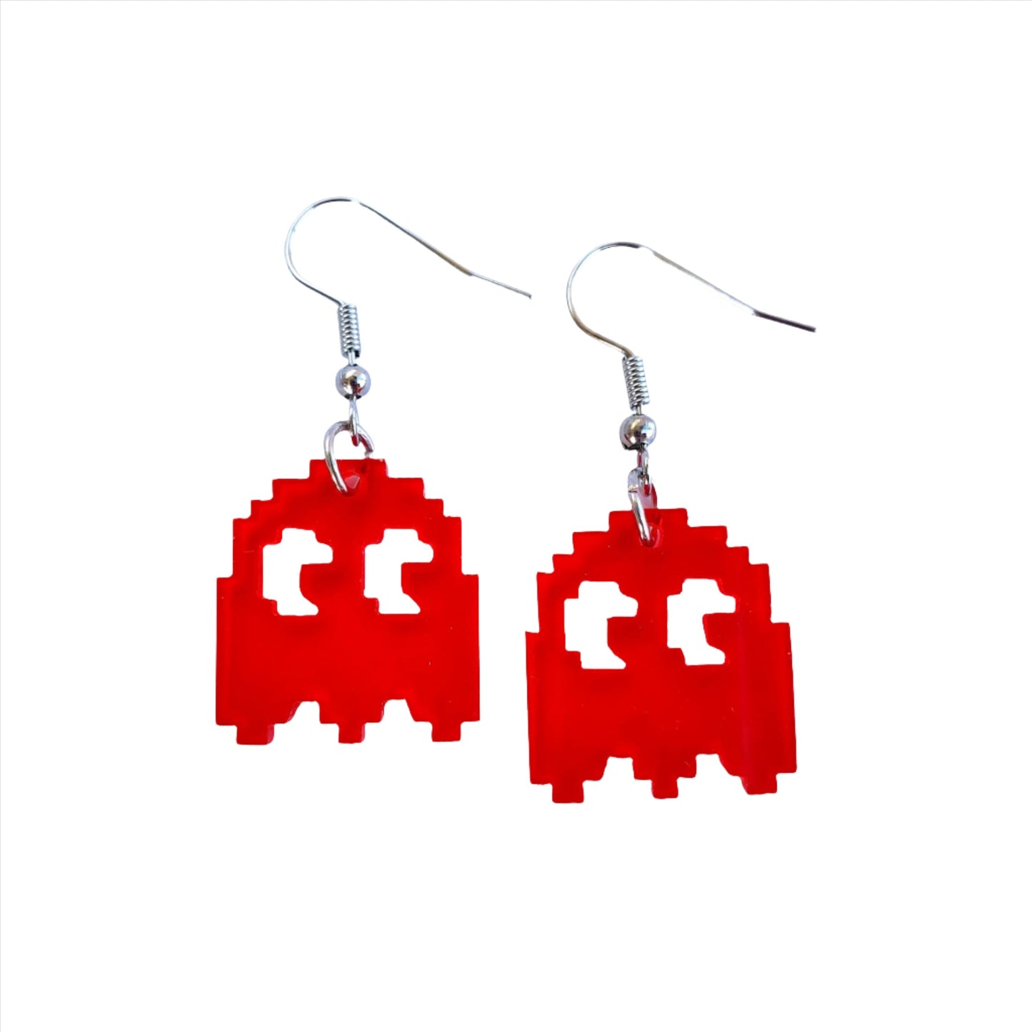 Pair of red Pac-Man ghost earrings from Retro Pac-Man & Ghost Acrylic Earring Set