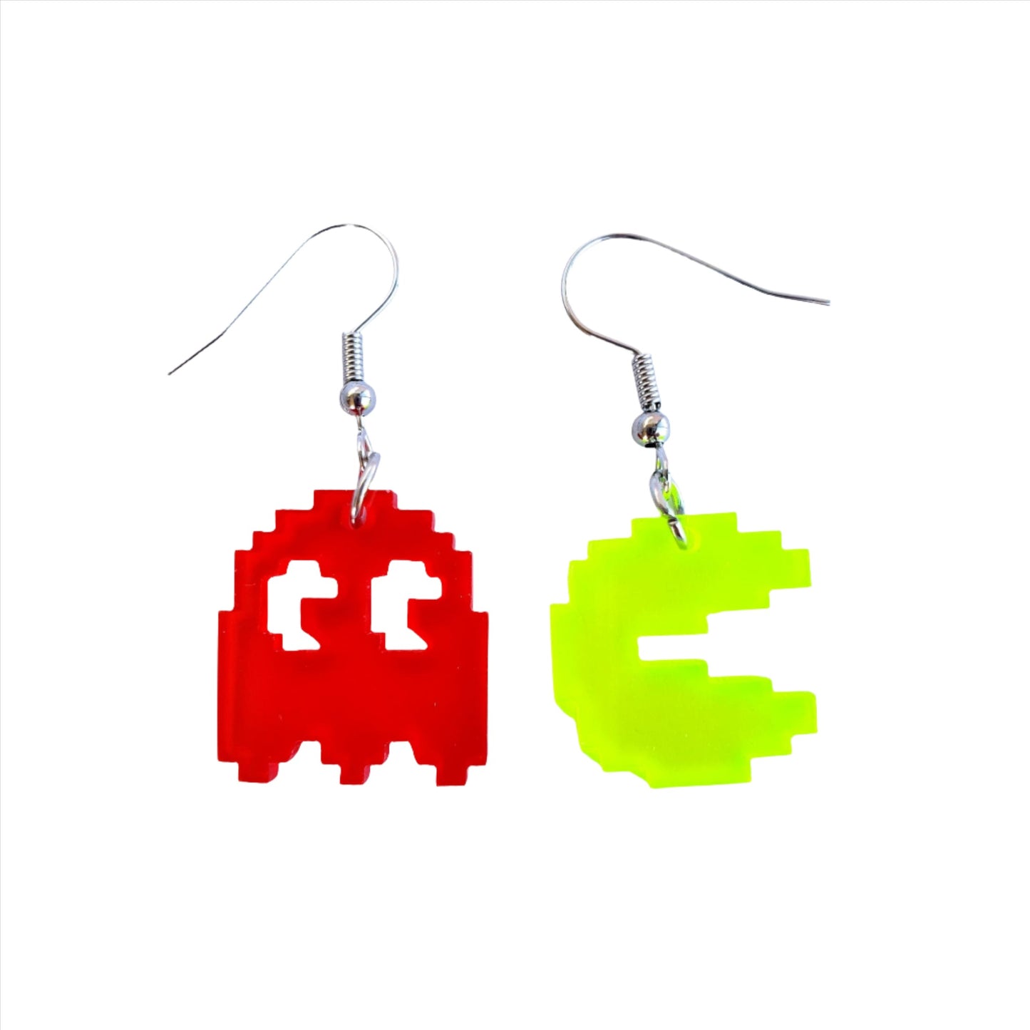Pair of mismatched Retro Pac-Man & Ghost acrylic earring set in fun pixel style
