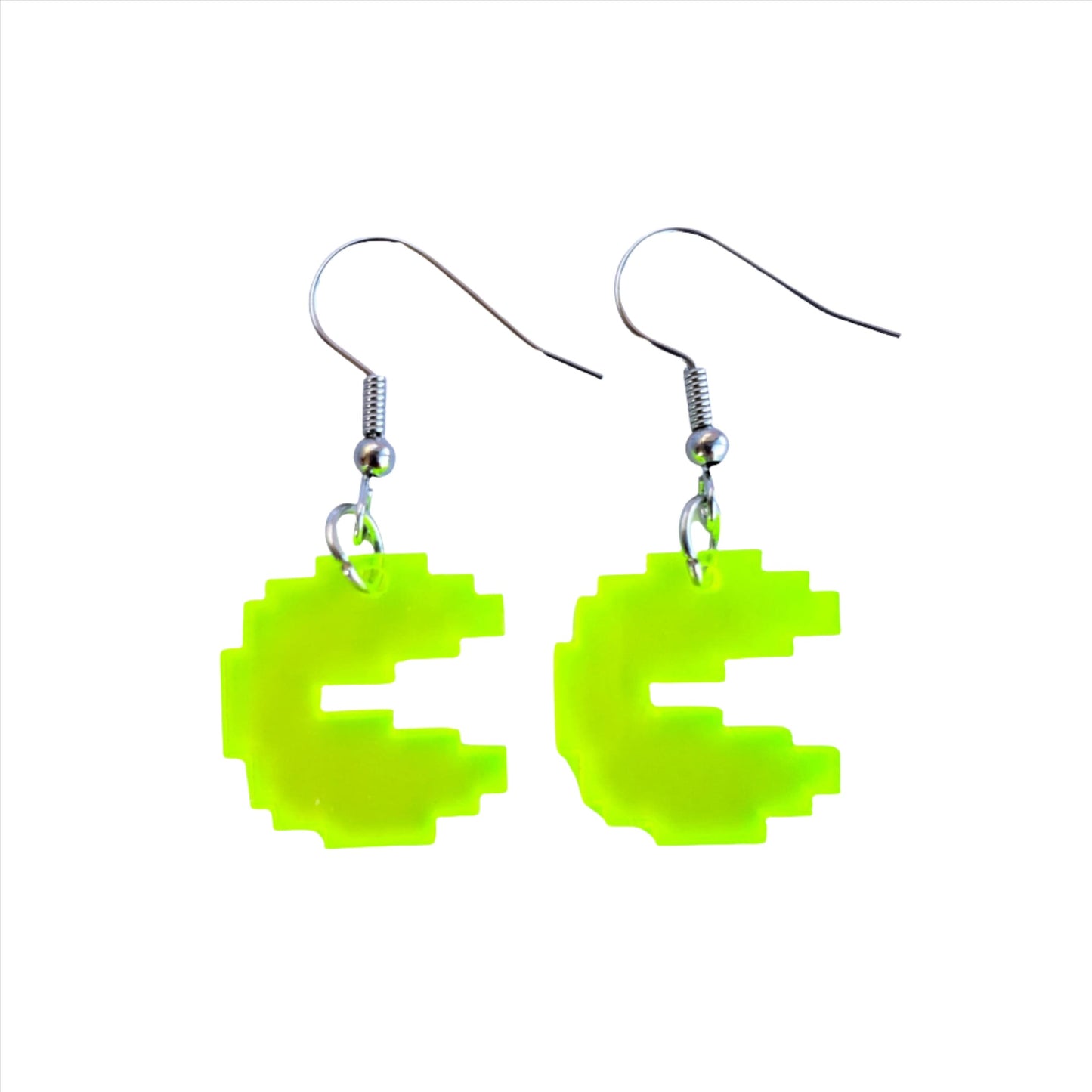 Neon green pixelated Pac-Man-style acrylic earring set with silver hooks
