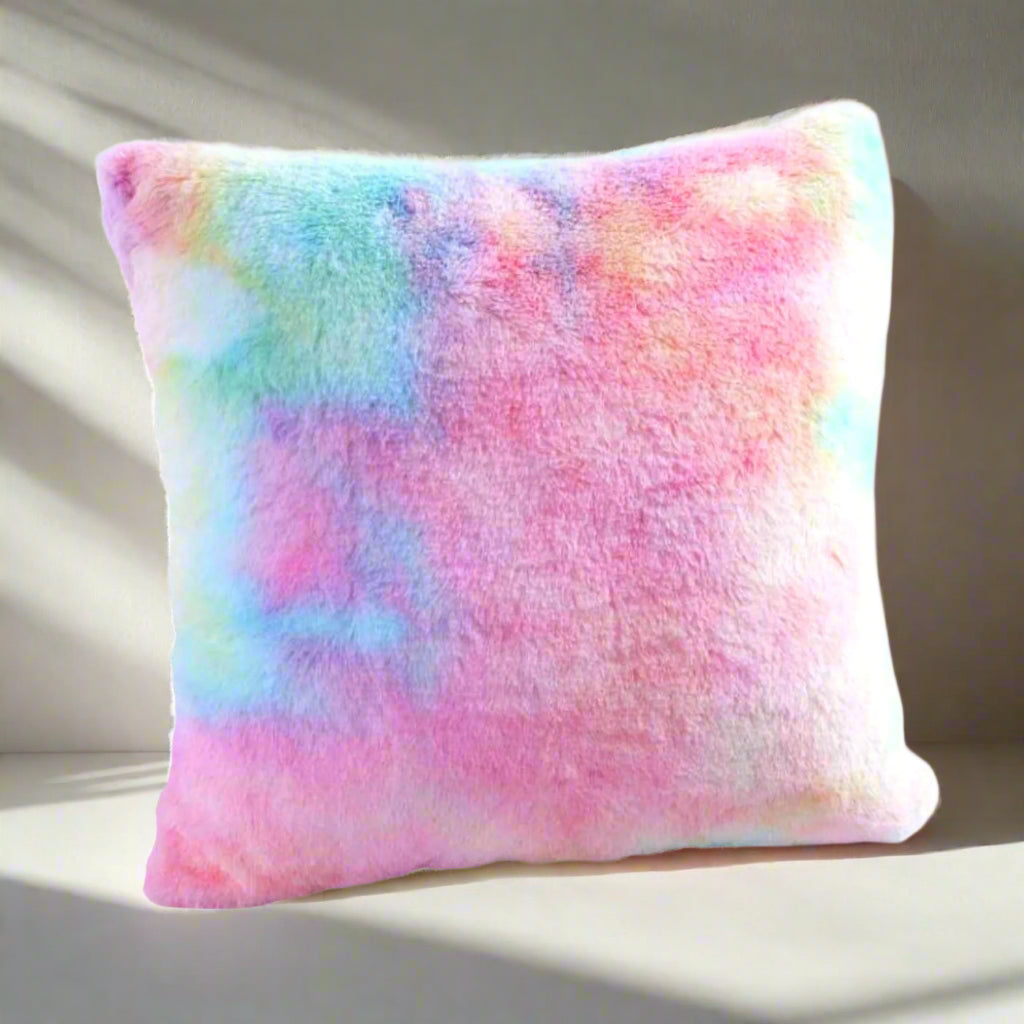 Fluffy pastel tie-dye plush cushion cover with a soft, fuzzy texture for cozy decor
