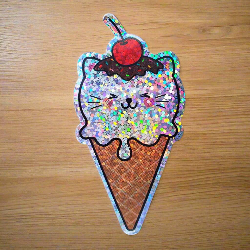 Premium Sticker - Sparkly Holographic Glitter Kitty in a Cone from Confetti Kitty, Only 2.00