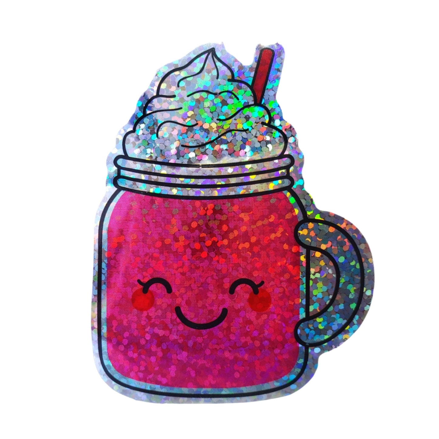 Colorful, glittery mason jar smoothie with a smiling face and whipped cream topping