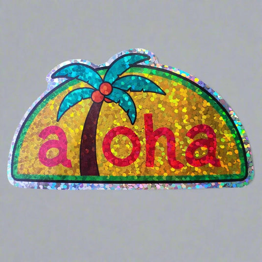 Aloha with Palm Tree - Colorful glittery sticker featuring ’aloha’ and palm tree, only 2.00