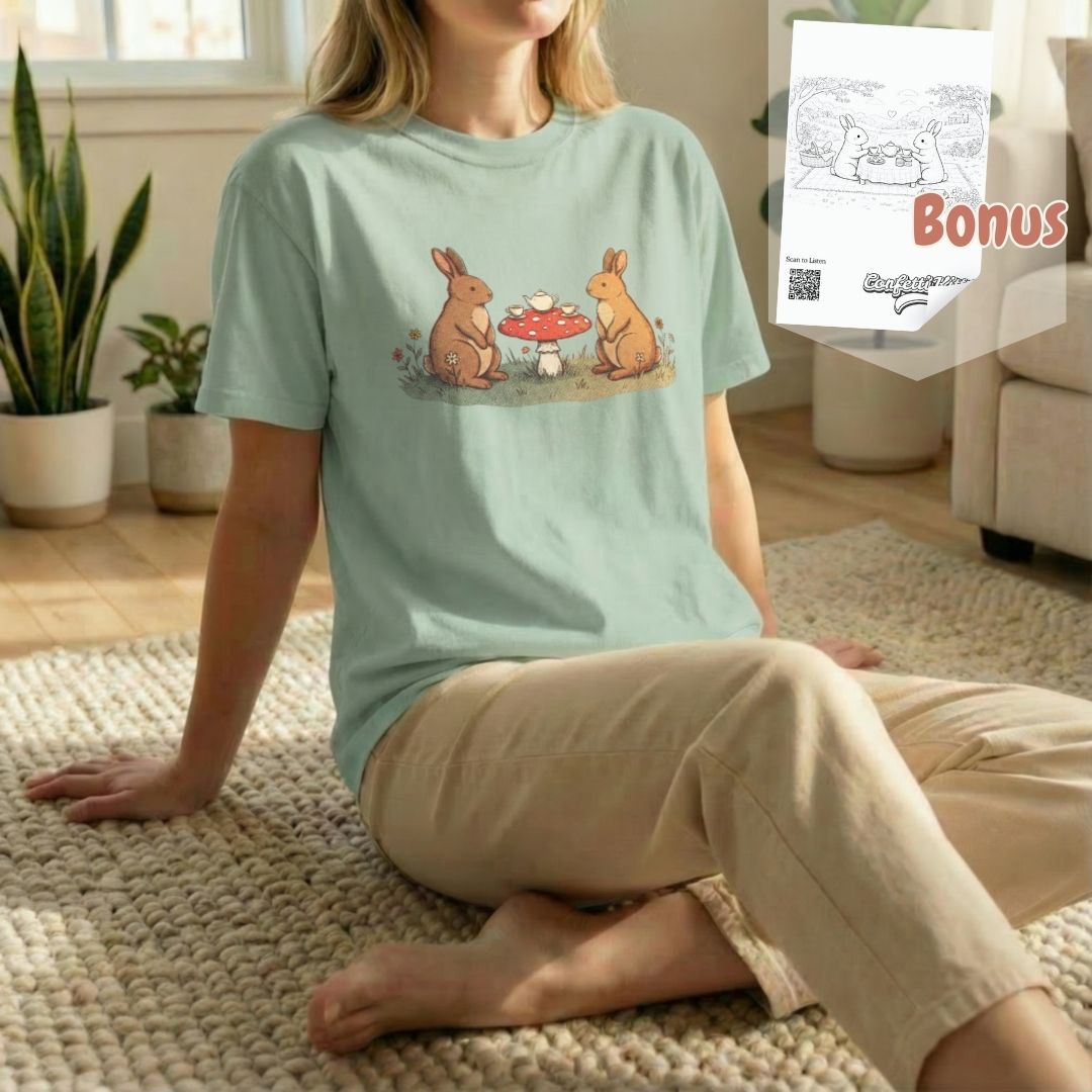 Bunny Picnic Tee bundle image on light green shirt showing folded tee with illustrated rabbits enjoying a cozy picnic