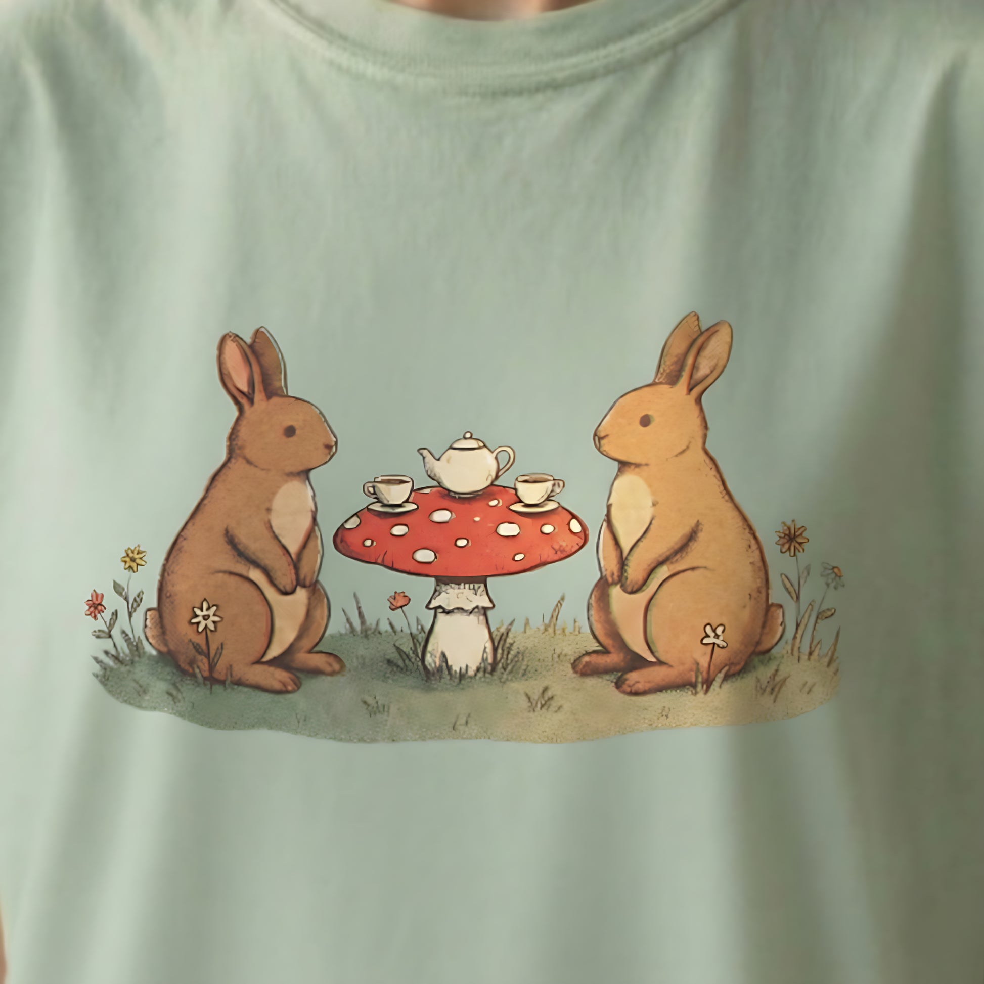 Close up of Bunny Picnic Tee on light green shirt featuring two rabbits having tea at a mushroom picnic table