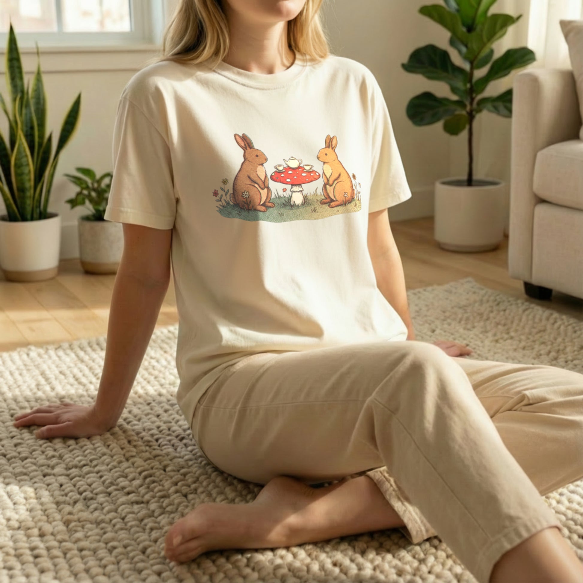 Bunny Picnic Tee shown in floor pose on ivory shirt with whimsical bunny picnic artwork