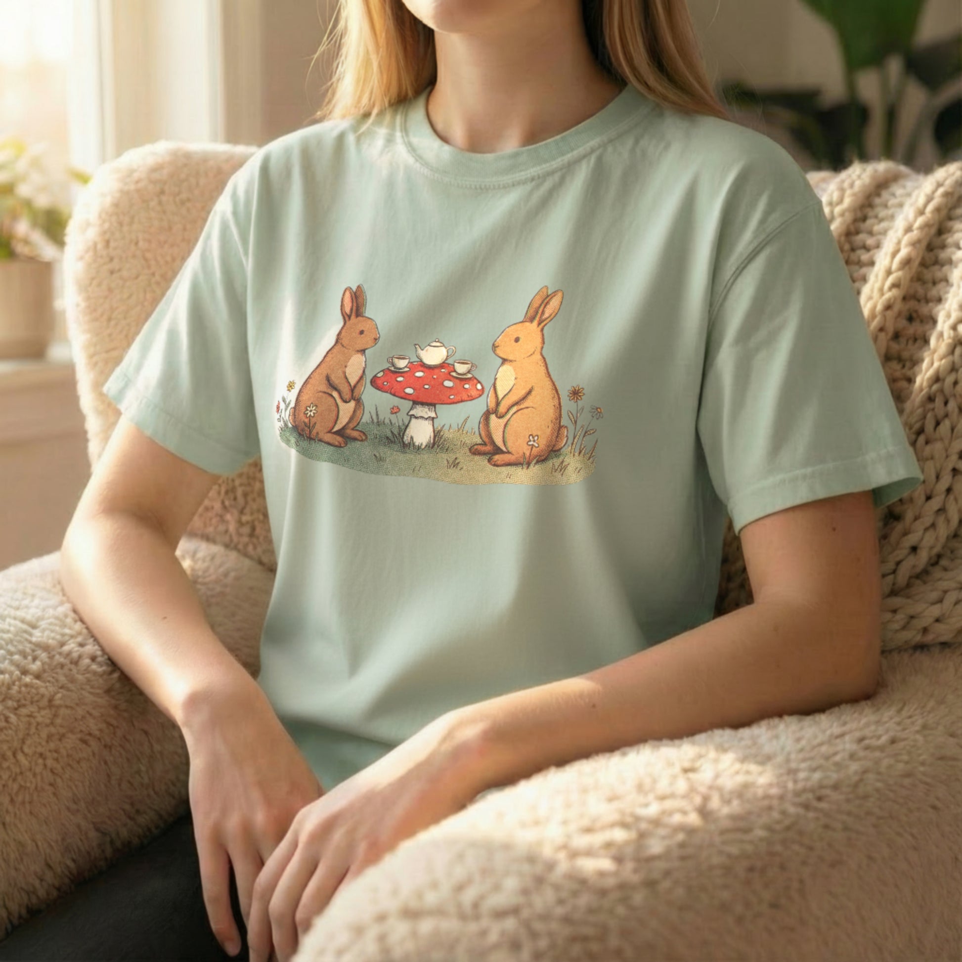 Bunny Picnic Tee worn seated on light green shirt featuring storybook bunny picnic artwork
