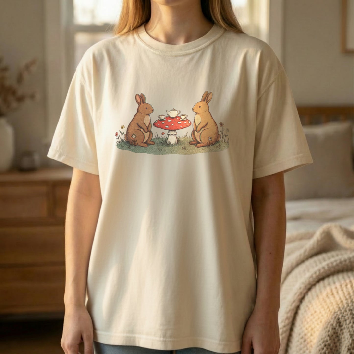 Bunny Picnic Tee worn standing on ivory shirt with vintage style bunny picnic illustration