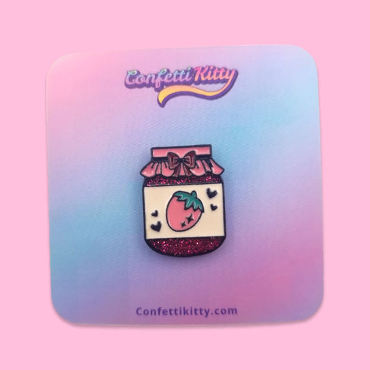 Glittery Pink Strawberry Jam Jar Enamel Pin from Confetti Kitty, Only 4.99