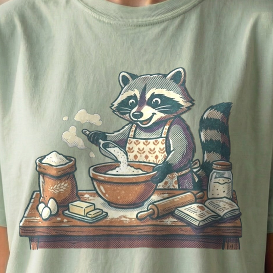 Baker Raccoon Tee on sage green Comfort Colors shirt featuring vintage-style illustration of raccoon in apron mixing dough with flour, eggs, and recipe book on wooden table