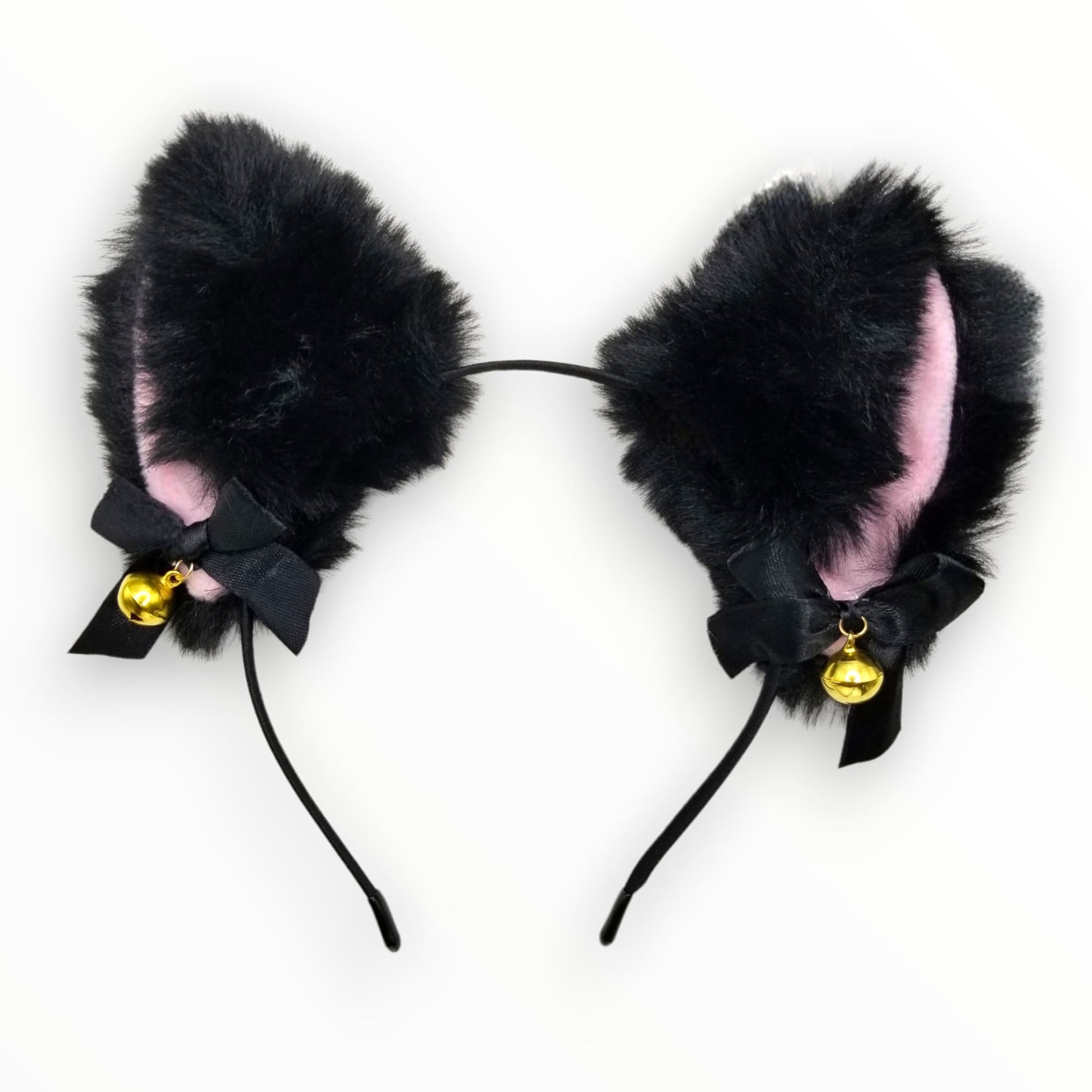 Black fluffy cat ears headband with pink inner lining, bow, and bell on white background