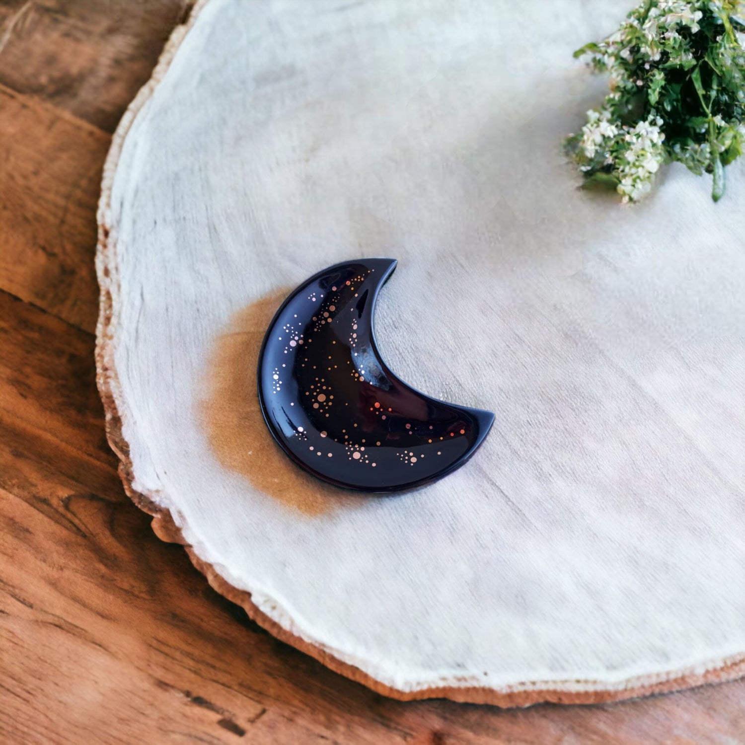 Black Moon Ceramic Trinket Dish - Crescent-shaped, dark blue with gold speckled accents