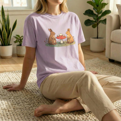 Bunny Picnic Tee shown in floor pose on orchid shirt with cozy illustrated bunny picnic artwork