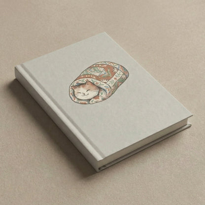 Angled view of the Quilted Cat notebook, showing the spine and the detailed vintage quilt artwork on the cover.