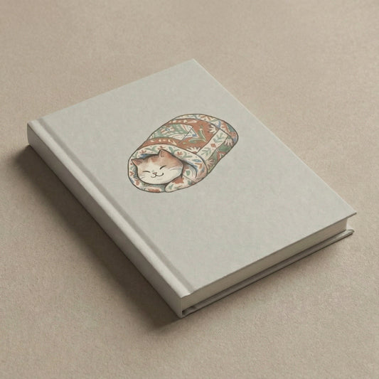 Angled view of the Quilted Cat notebook, showing the spine and the detailed vintage quilt artwork on the cover.