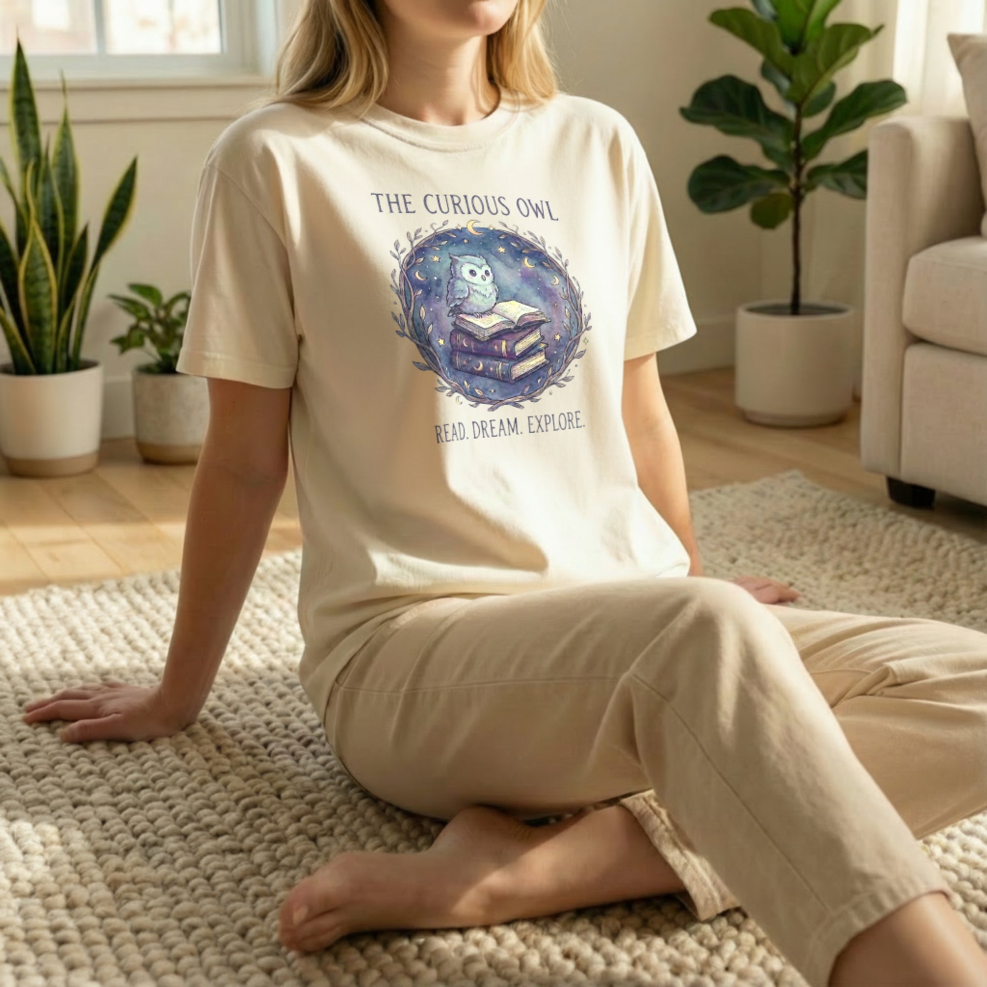 Cozy floor-seated lifestyle image of the Curious Owl tee in ivory showing the centered owl illustration