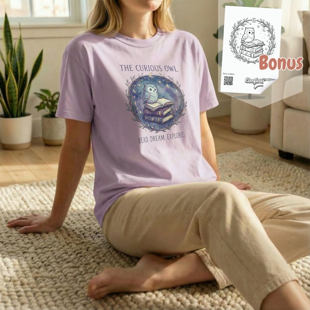 Casual lifestyle image of the Curious Owl tee in orchid worn while seated on the floor in a cozy, natural setting
