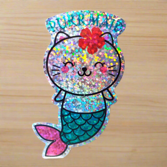 Cute Holographic Purrmaid Sticker - Sparkly Cat Mermaid Vinyl Decal from Confetti Kitty, Only 2