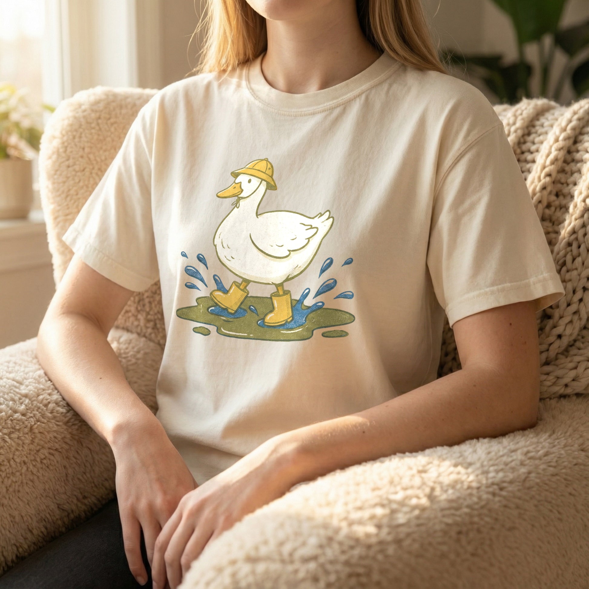 Woman sitting in a fuzzy armchair wearing an ivory t-shirt featuring a cute duck splashing in a puddle.